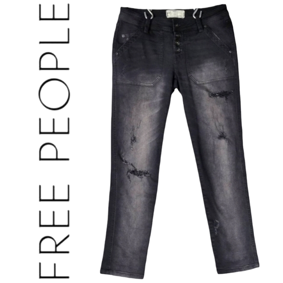Free People Denim - Free People Low-Rise Distressed Women's Jeans Size 0 Black Button Fly Short
